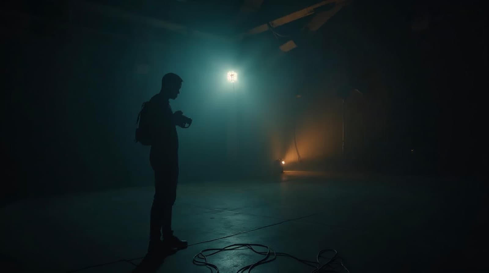 A dark film set lit by a single practical lamp